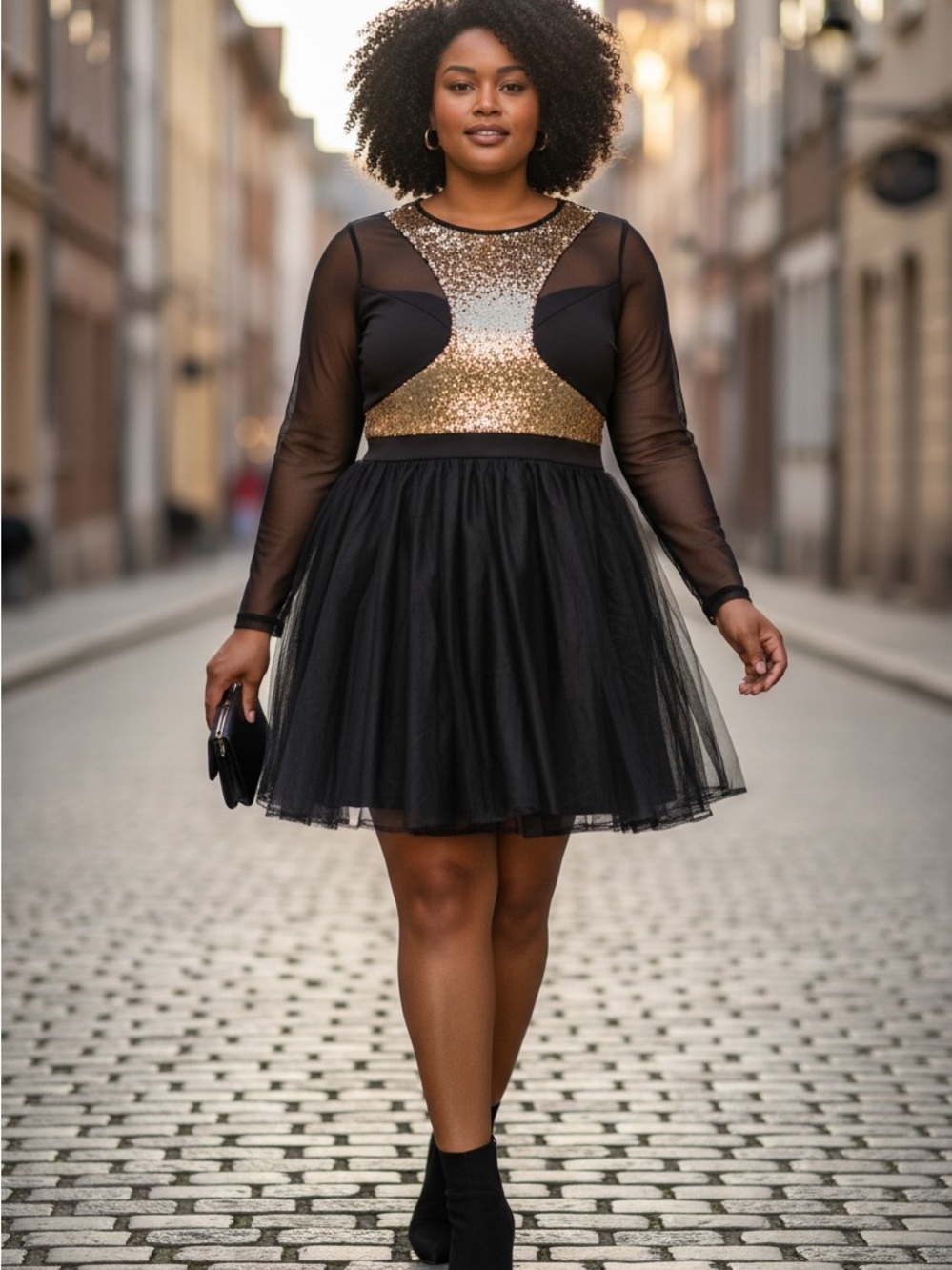 Auditions Black & Gold Sequin Front Tulle Dress